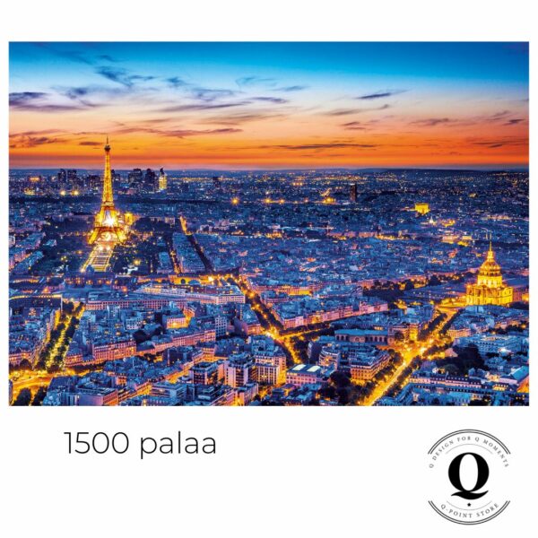 upea iltainen näkymä Pariisista yläilmoista kuvattuna ja Eifelin torni kauniisti valaistuna. Tästä kuvasta valmistettu 1500 palan palapeli